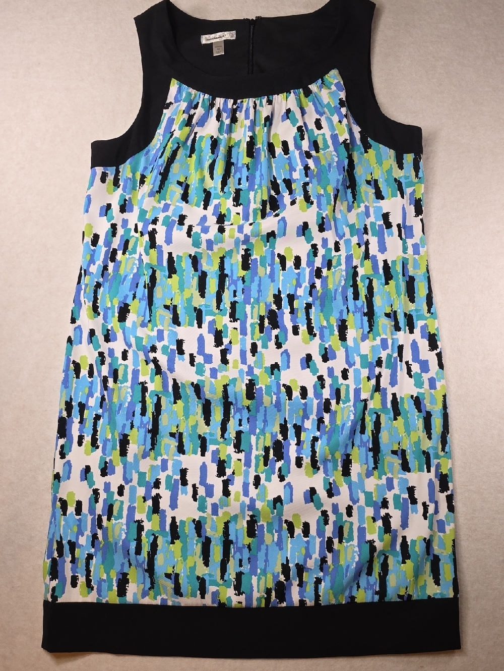 dressbarn Black White Blue & Green Art Pattern Dress Abstract Brushstrokes